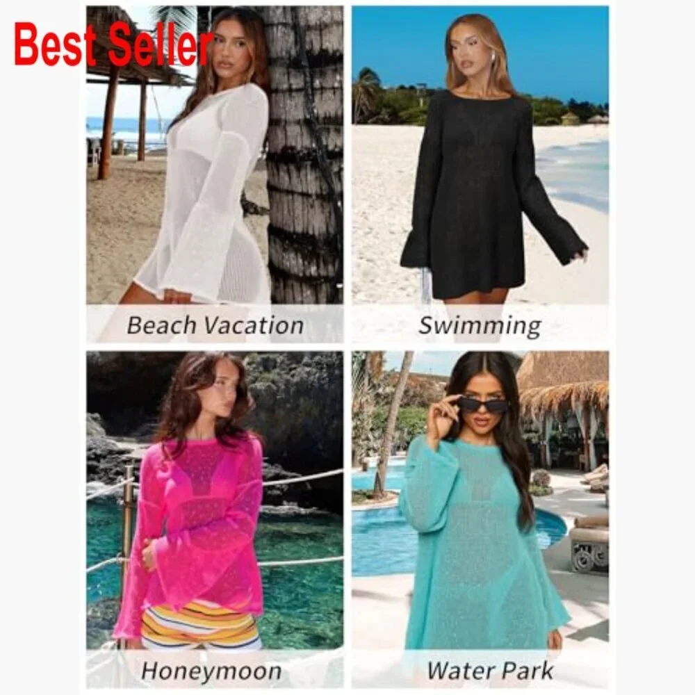 Crochet Swimsuit Coverup Boat Neck Long Sleeve Beach Caftan Dress